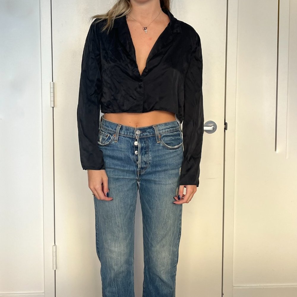 Black Silk Cropped Shirt by REFORMATION.